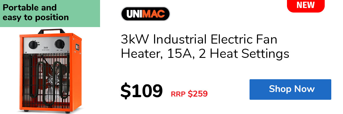 3kW Industrial Electric Fan Heater, 15A, 2 Heat Settings