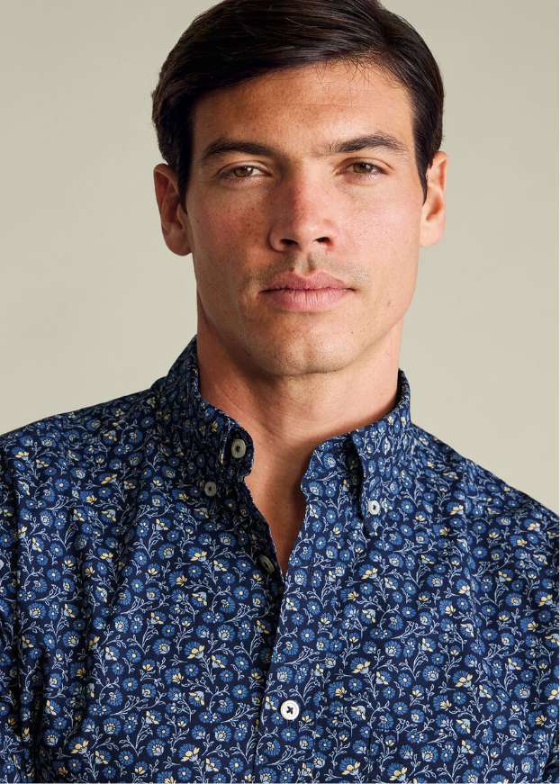 Short Sleeve Stretch Washed Poplin Floral Shirt - Mid Blue