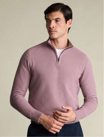Cotton Honeycomb Quarter Zip Sweater – Pink