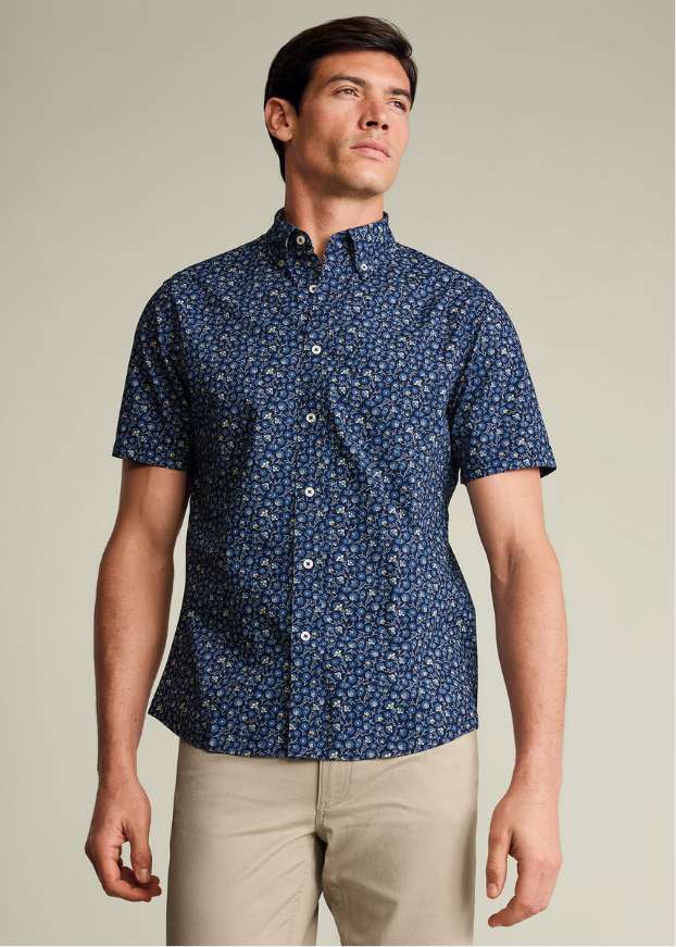 Short Sleeve Stretch Washed Poplin Floral Shirt - Mid Blue