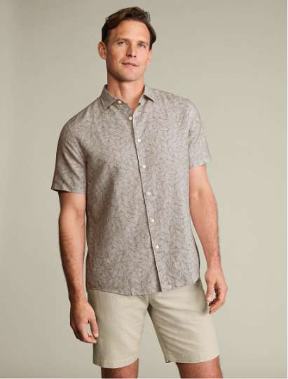 Short Sleeve Cotton Linen Leaf Print Shirt - Mocha