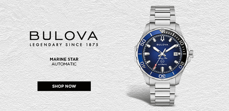 Bulova Marine Star automatic watch with blue dial and stainless steel bracelet. Click shop now.