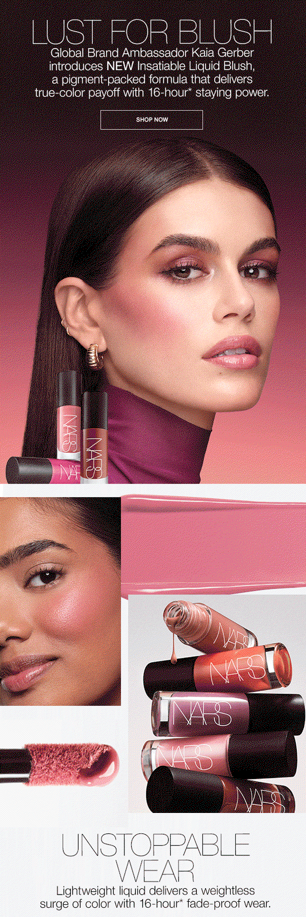 Global Brand Ambassador Kaia Gerber introduces NEW Insatiable Liquid Blush, a pigment-packed formula that delivers true-color payoff with 16-hour staying power.