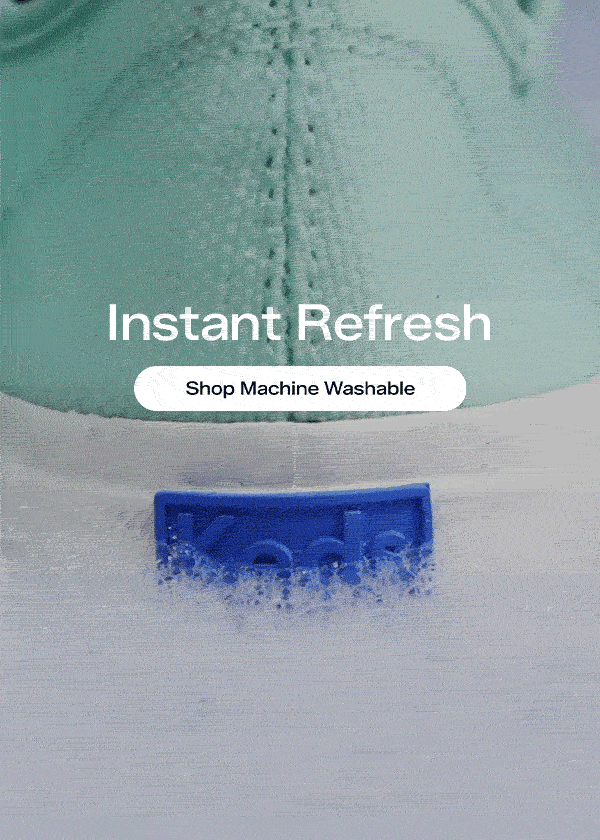 A GIF of the Rillax Champ Chalky Canvas Slip-On in bay submerged in water and surrounded by bubbles. Text on the image says Instant Refresh. Shop Machine Washable.