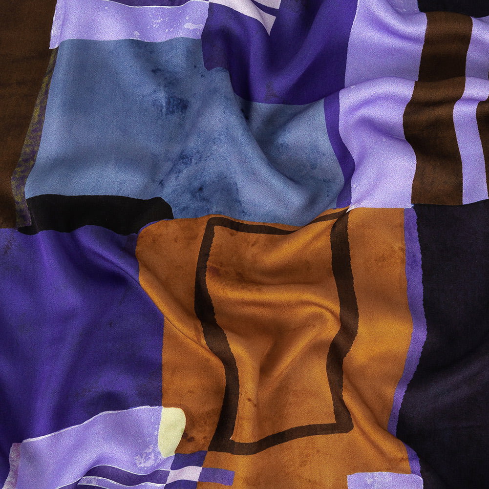 Image of Rayon Challis Panel - Purple and Brown Painterly Geometric - Around the Block Print - Mood Exclusive Wisteria Collection