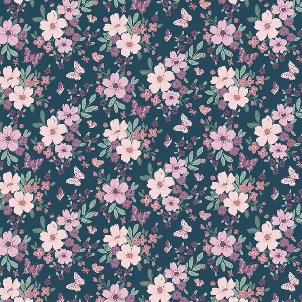 Image of Riley Blake Emerald Main Buds and Butterflies Cotton Fabric Emerald 110cm