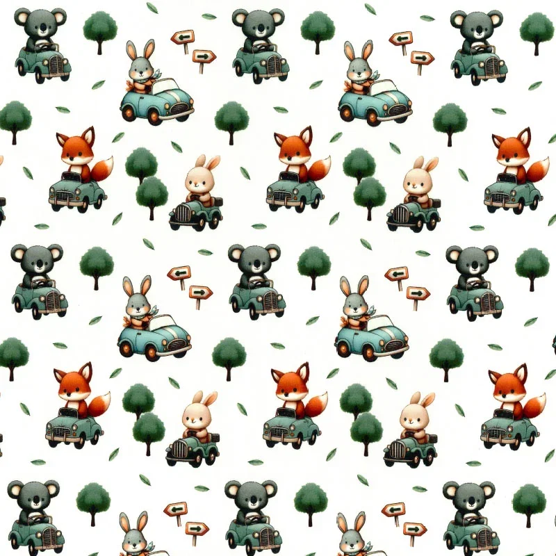 Image of Cute Animals Driving Rose and Hubble Cotton Poplin Fabric Teal 112cm