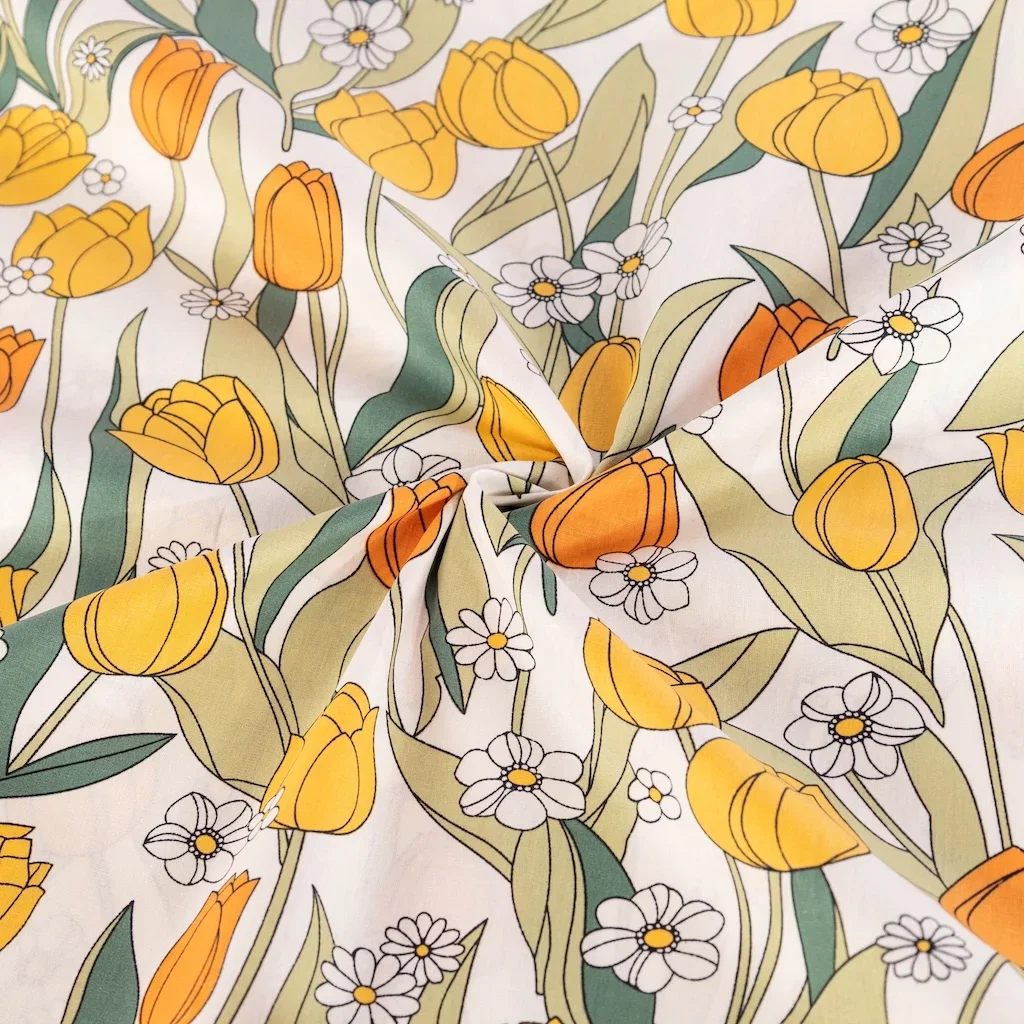 Image of Tulips 100% Cotton Fabric Yellow 150cm