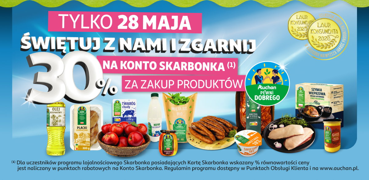 Świętuj z nami i zgarnij 30% na konto Skarbonka za zakup produktów Pewni Dobrego