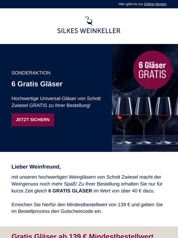 Gratis: 6 hochwertige Weingläser - nur wenige Tage