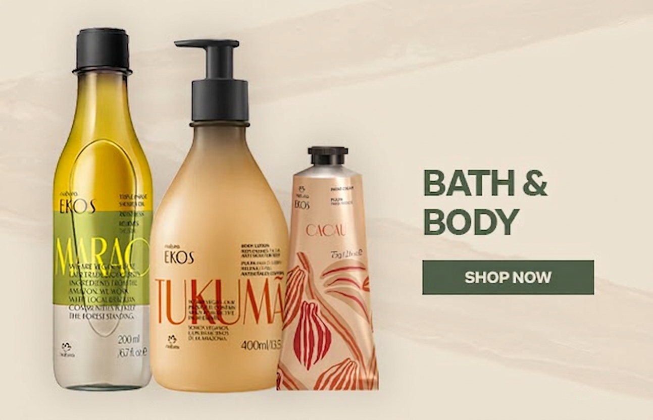 Natura Ekos bath and body products with a "Shop Now" button.