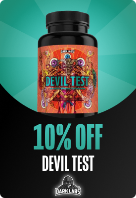 Dark Labs Devil Test supplement bottle on teal background with 10% off banner — vibrant illustrated label, product promotion.