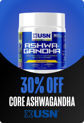 Jar of USN Core Ashwagandha capsules labelled full-spectrum root extract with 30% off promotional banner