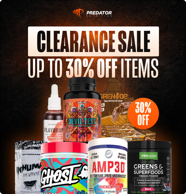 Predator Nutrition clearance sale banner — up to 30% off sports supplements including pre-workout, protein, flavours and greens