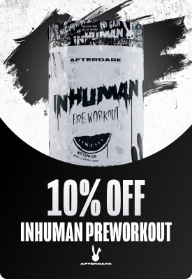 Afterdark Inhuman pre-workout tub with bold black-and-white design, promotional 10% off graphic