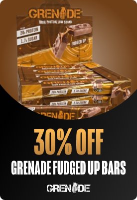 30% off Grenade Fudged Up protein bars promotional display showing boxed bars and branding with '20g protein, low sugar' callouts