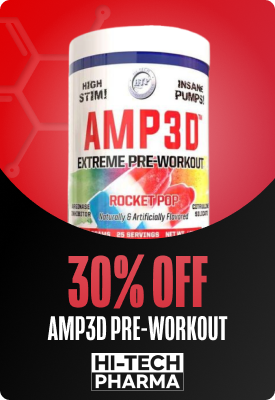 Jar of AMP3D Extreme Pre-Workout Rocket Pop flavour by Hi-Tech Pharma on red/black 30% off sale banner