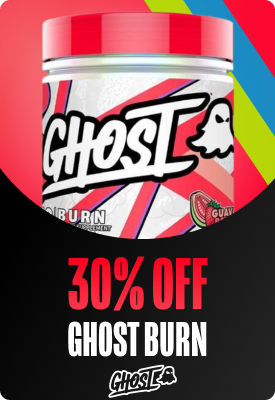 Tub of Ghost Burn fat burner supplement (guava flavour) with bold '30% off' promotional graphic and Ghost logo