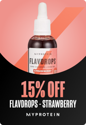 MyProtein FlavDrops strawberry flavour bottle with dropper on pink background and bold '15% off' promotional banner