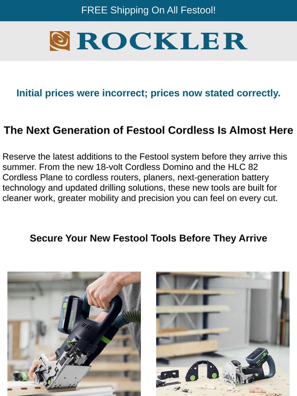Pricing Corrections on Recent Festool Reserve Now Email