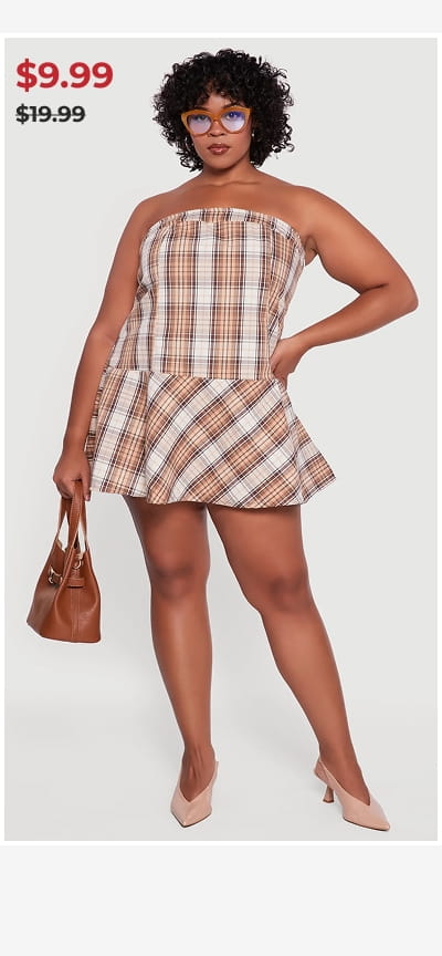 Shop Plus Size Plaid Strapless Skater Dress