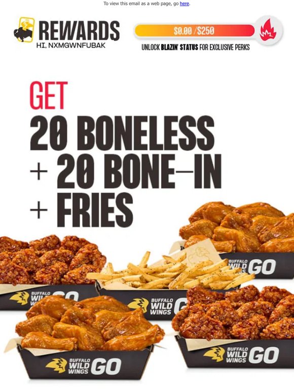 Order 20 Boneless + 20 Bone-in + Fries 🤤