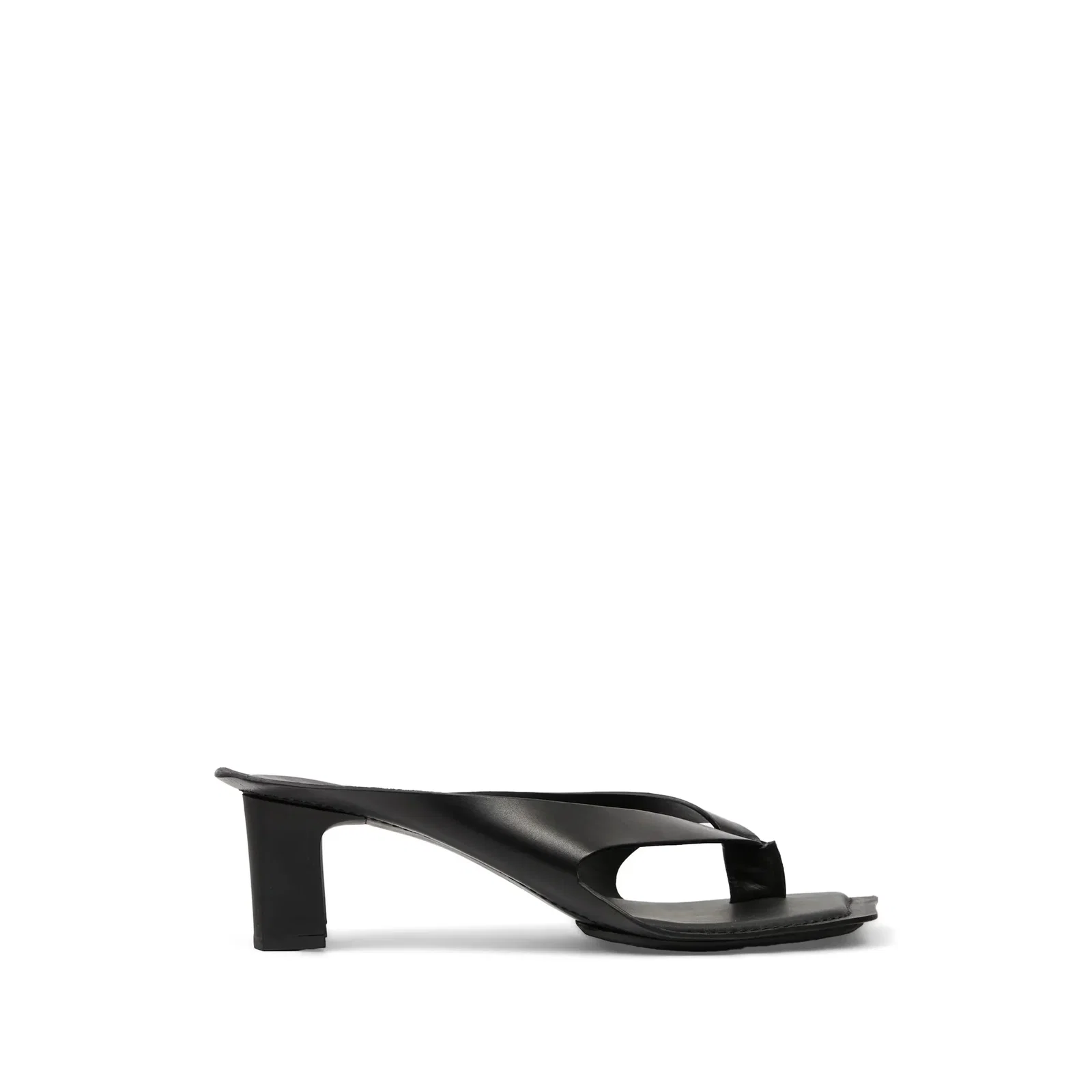 Black leather mid-heel thong sandal with square toe, minimalist crossover strap and block heel, side view
