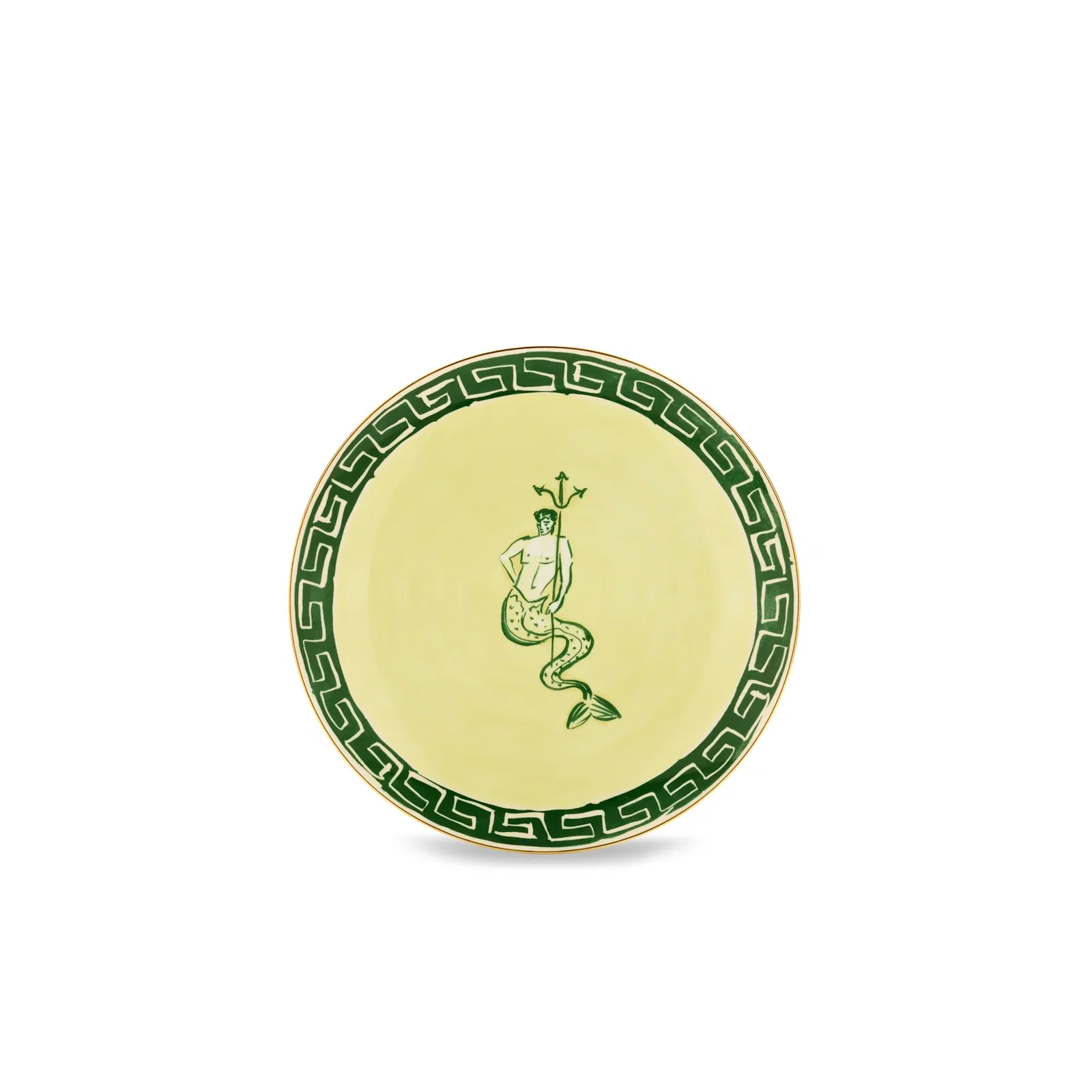 Yellow ceramic plate with green Greek‑key border and central triton merman holding a trident