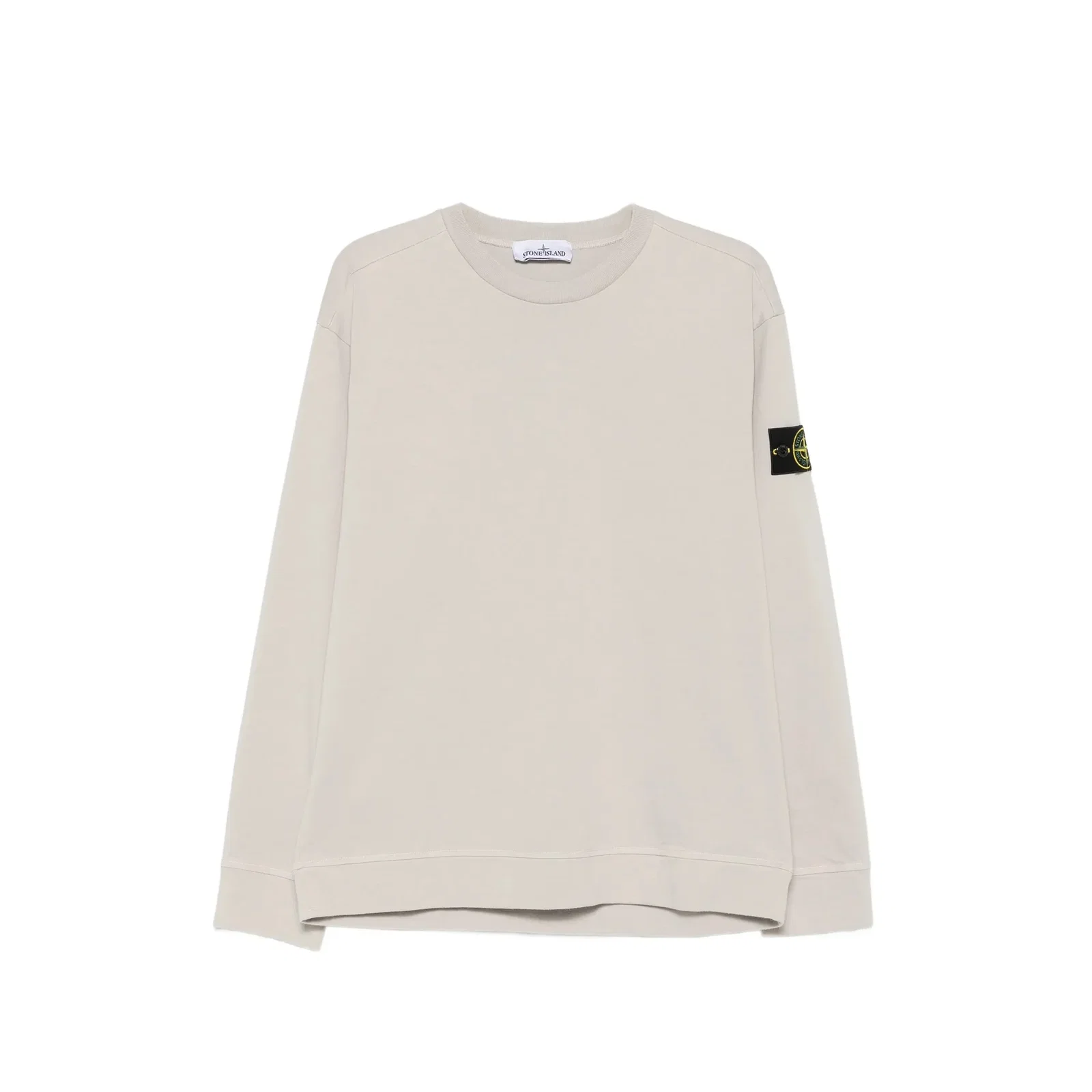 Beige long-sleeve crew-neck sweatshirt with Stone Island compass logo patch on left sleeve, relaxed fit