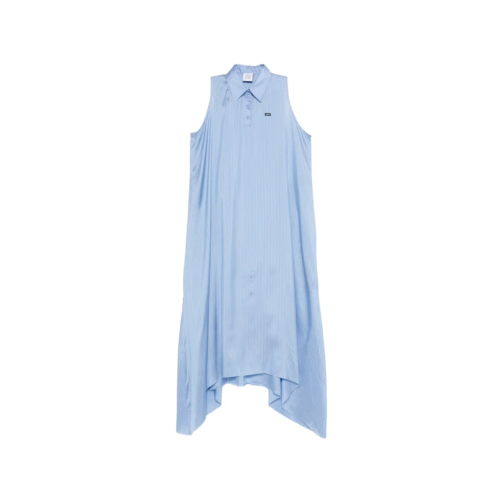 Women's sleeveless light-blue collared shirt dress with subtle vertical stripes and asymmetric high-low hem