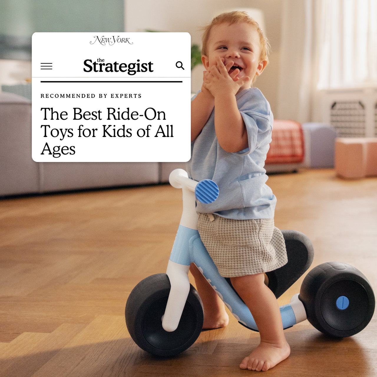 Image of young boy riding a woom WOW next to The Strategist article "The Best Ride-On Toys for Kids of All Ages"