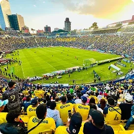 A wide view of a packed soccer stadium with fans in yellow jerseys watching a match on a green field.