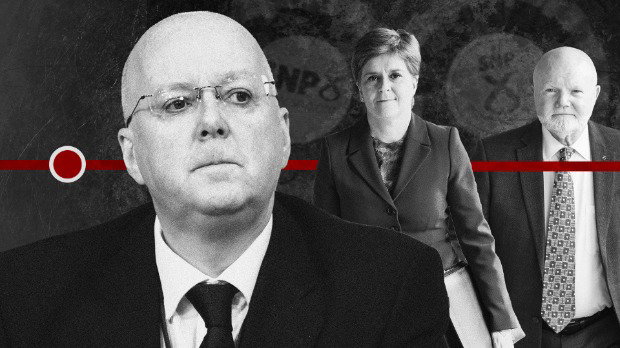 Graphic a monochrome image of Peter Murrell, a bald man wearing small clear glasses and a suit with white shirt, who looks ahead and to the left. Behind him are images of Nicola Sturgeon and former SNP treasurer Colin Beattie. A red ‘timeline’ graphic is visible behing Sturgeon.