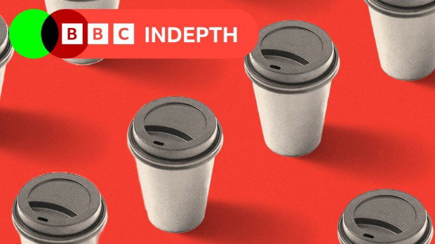A number of white paper coffee cups with black plastic lids are spaced out in rows, against a red background. The words BBC InDepth are in the top-left corner in white capital letters on a red oval.