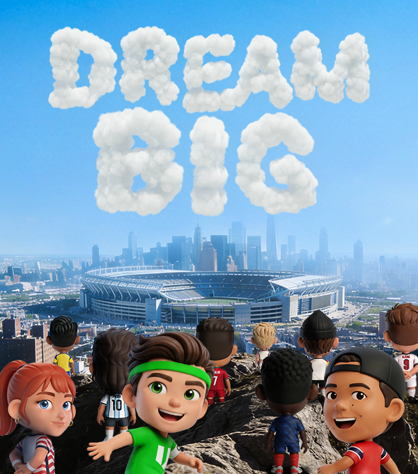 Illustration of children looking toward a large stadium and city skyline with the words 'DREAM BIG' formed from clouds above