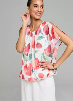 Kaleidoscope Red Tulip Floral Print Bubble Hem Blouse