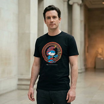 Black cotton unisex T-shirt featuring Papa Smurf in a playful ancient Egyptian-inspired design, worn by a man. - Fashion Collection. 