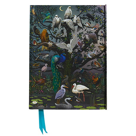 Premium A5 notebook with an embossed and foiled cover illustrated with Anna Stead’s Parliament of Fowls design featuring decorative birds. - Shop Now.