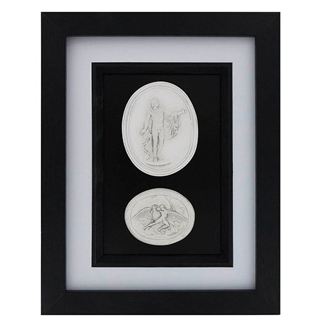 Framed pair of plaster intaglios inspired by classical antiquity, featuring neoclassical relief designs. - Shop Now.