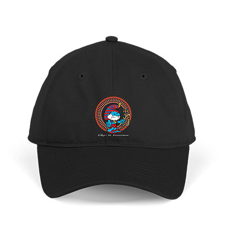 Organic black cotton cap featuring Papa Smurf in a pharaoh-inspired outfit. - Shop Now.