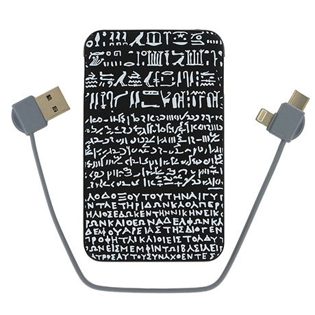 Rosetta Stone portable power bank with integrated iPhone and USB-C connectors. - Shop Now.
