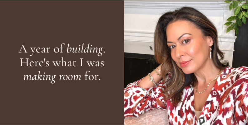 Camille, founder of Camille Jewelry, seated and smiling. Text overlay reads: A year of building. Here's what I was making room for.