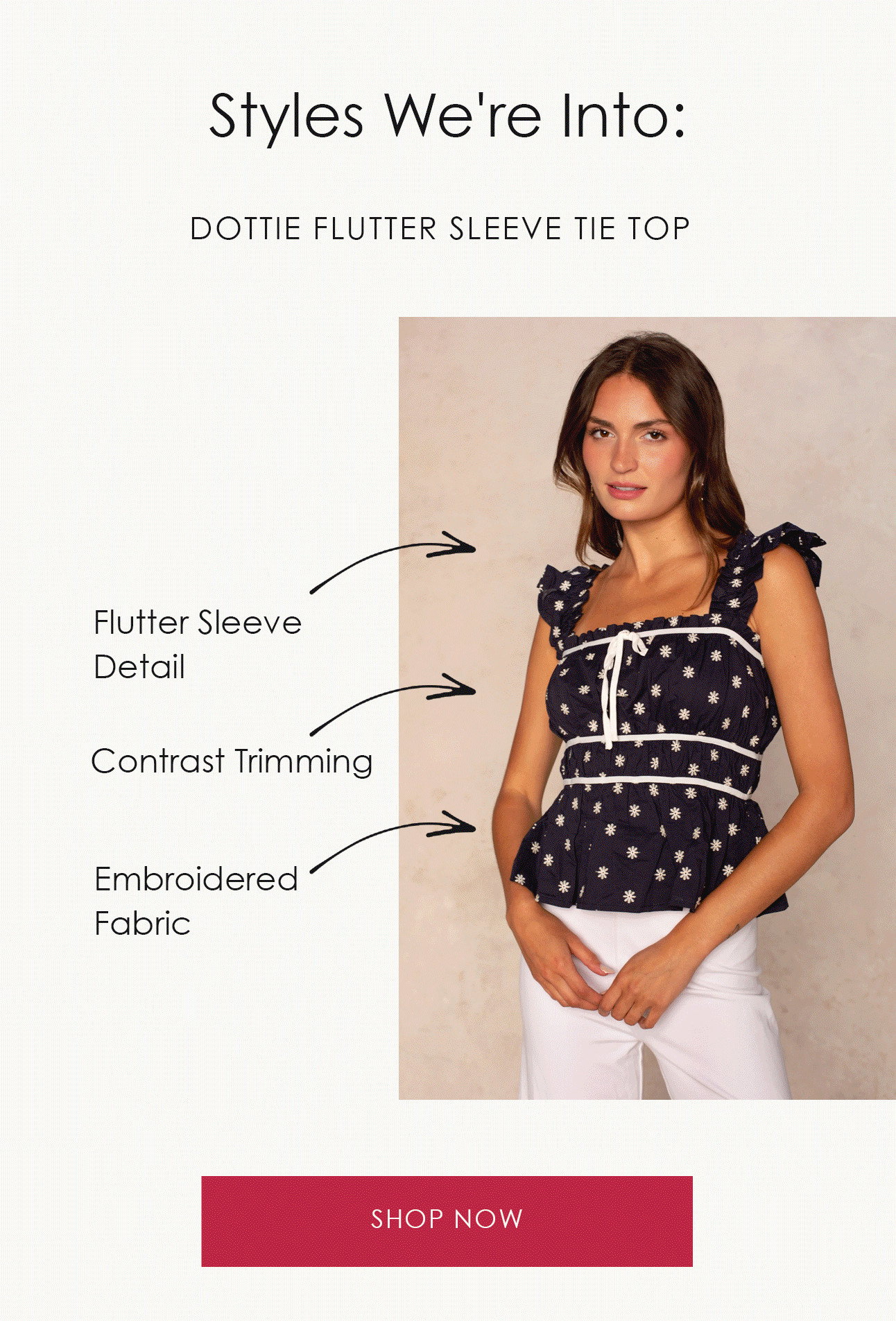 DOTTIE FLUTTER SLEEVE TIE TOP