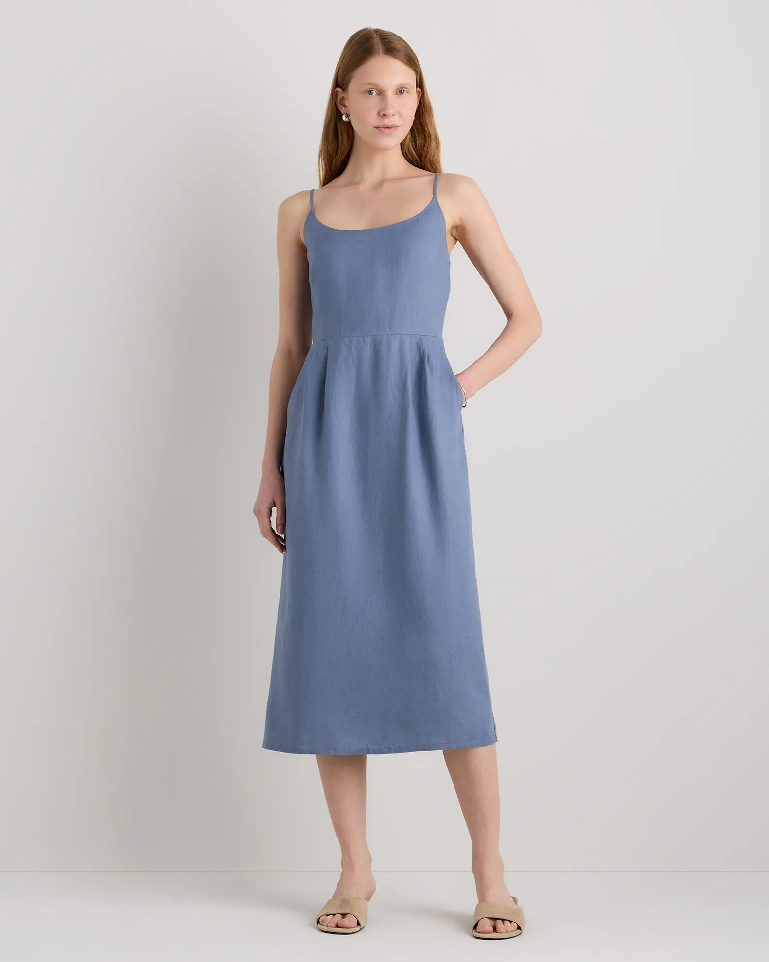 100% European Linen Scoop Neck Midi Dress