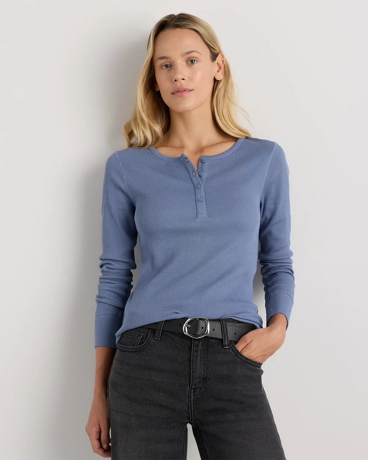 Organic Cotton Micro-Rib Henley Long Sleeve Tee