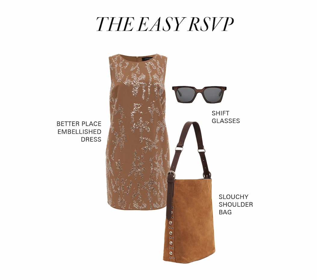 rsvp edit. embellished linen dress, shift glasses, and slouchy shoulder bag