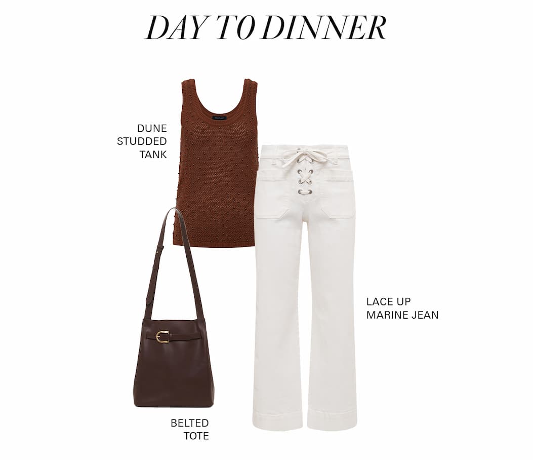 day to dinner outfit. the dune studded tank, lace up marine, and belted tote