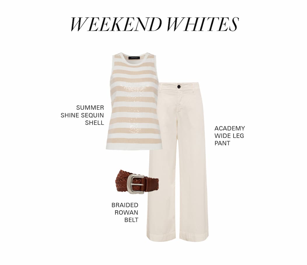 flat images of stripe summer sequin shell, braided belt, and linen marine pant