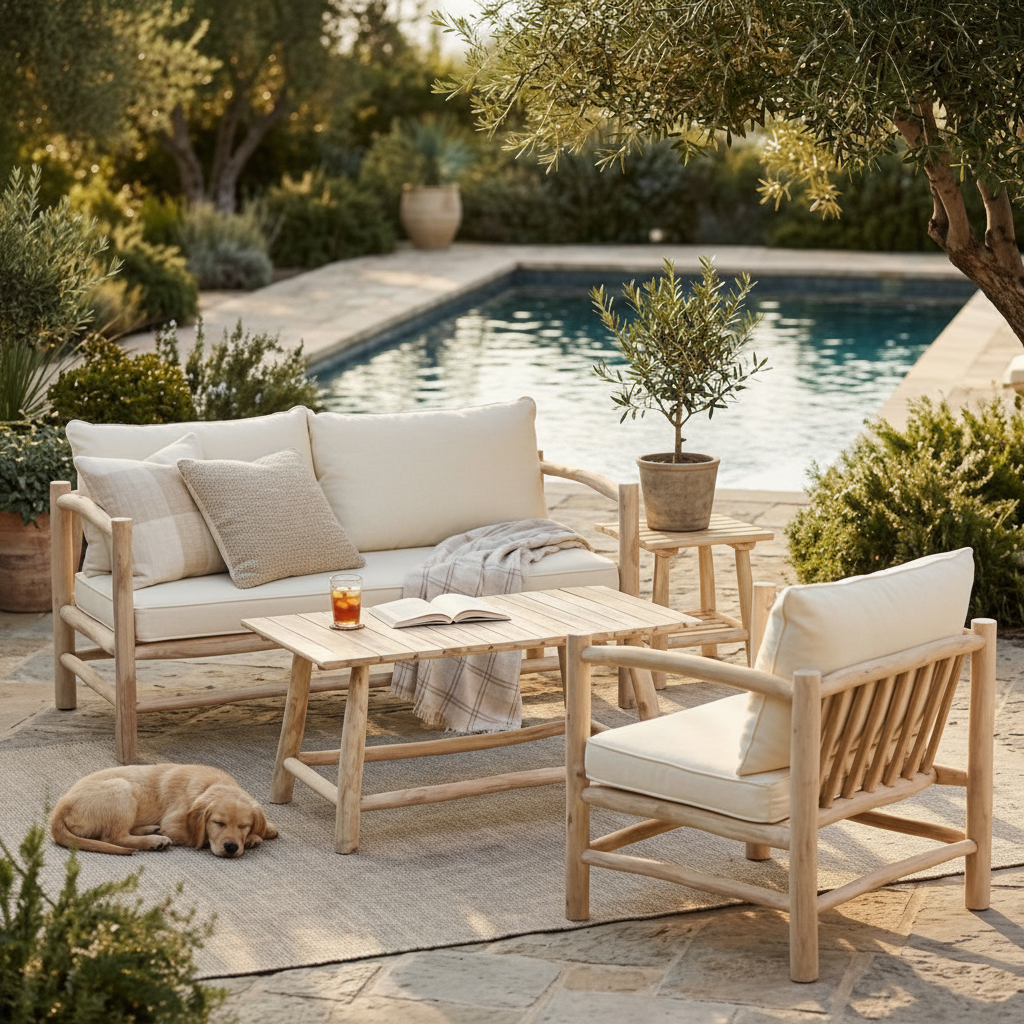 A dog sleeps on a rug next to outdoor furniture by a pool.
