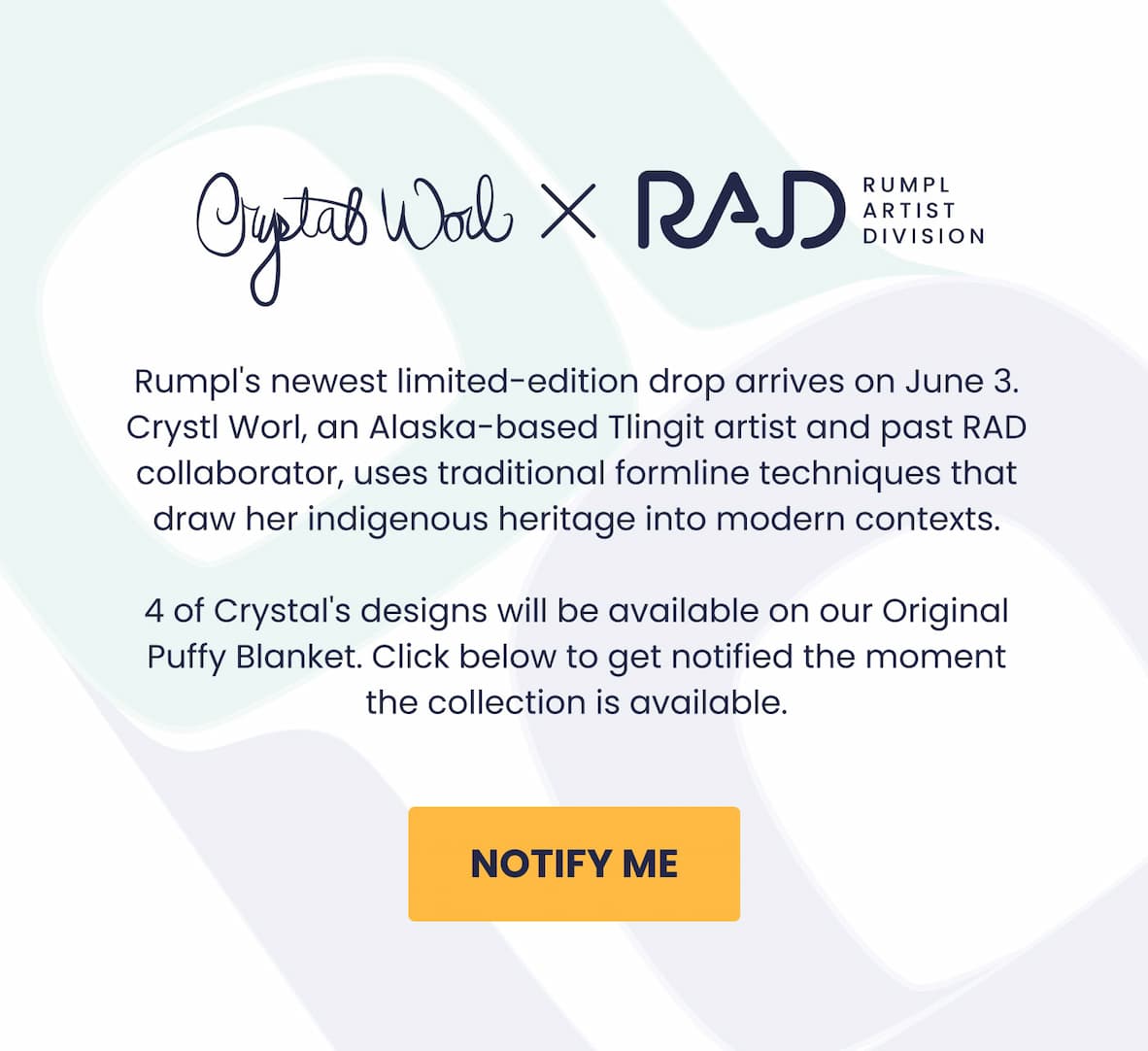 Crystal's new collection is inspired by Wooch Yax, a Tlingit value rooted in balance, interconnection, and harmony